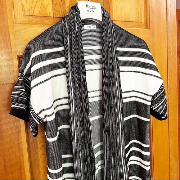 Vince Black White Open Front Long Cardigan Sweater Sz S Kimono Short Sleeve Fall - Picture 2 of 8